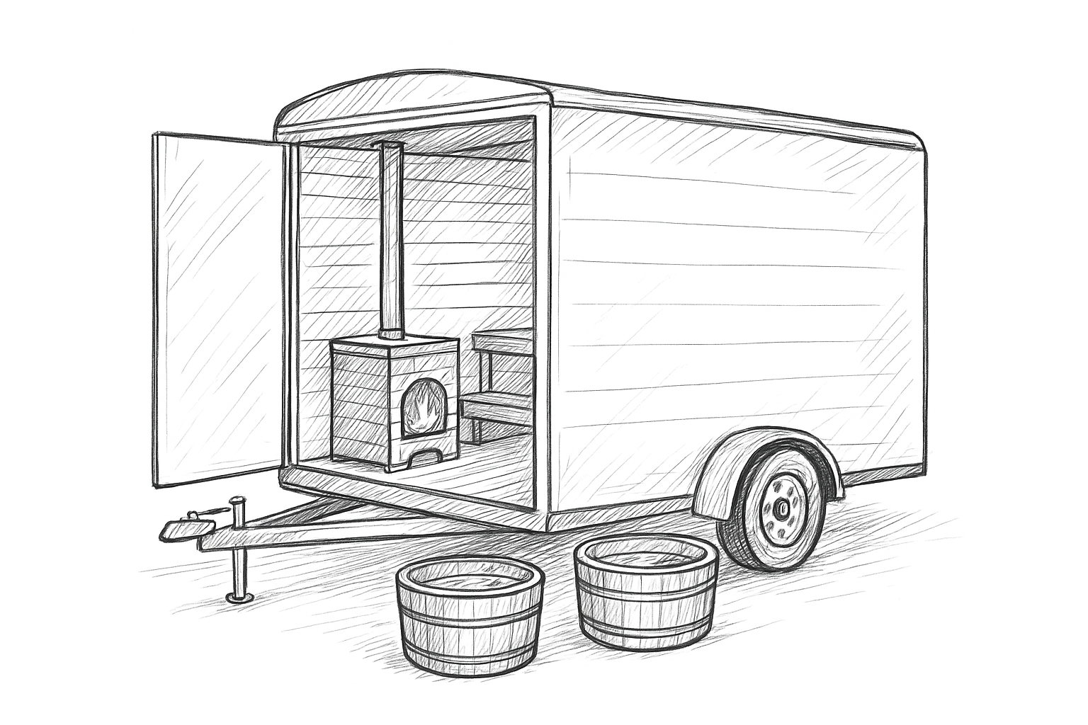 Sketch of Hell On Wheels trailer with sauna and cold plunge